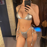 3 Colors New PU Faux Leather Halter Bikini Women Swimwear Female Swimsuit Bather Bathing Suit Swim Two-Pieces Bikini Set V6492B