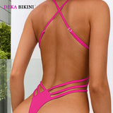 DEKA Backless One Piece Swimsuit Vintage V-neck Swimwear Women Bathing Swimming Suit Female Summer Beachwear Bodysuit