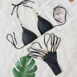 DEKA Solid High Waist Metal Hardware Bikini Set Smocked String Triangle Swimwear Hollowed Out Swimsuit