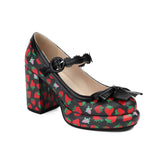 Big Size 43 High Quality Women's y2k Block High Heels Sweet Strawberry Print Mary Jane Pumps Black Pink Platform Lolita Shoes