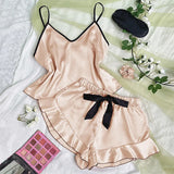 Women's Smooth Satin Pajamas V-Neck T-Shirt Ruffled Edges And Bow Shorts Simple And Breathable Pajama Set Sling Home Clothing