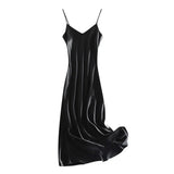 Women Evening Dress V Neck Low Cut Spaghetti Strap Solid Color Backless Dress-up Sleeveless Satin Wedding Party Midi Dress