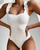 2023 Vintage Swimsuit Women One Piece Ruffle Strap Swimwear Female Push Up Monokini Padded Beach Bathing Suits Black Bodysuits