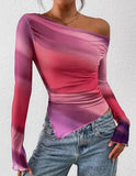 Women's Off-Shoulder Ruffled Sleeve Long-Sleeve Top with Asymmetrical Tie-Dye Mesh Asymmetrical Pleated Floral Print T-Shirt