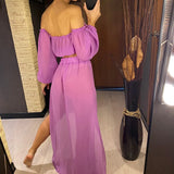 2026 Leopard Off Shoulder Long Sleeve 2 Pieces Set Beach Cover Up Cover-ups Beach Dress Beach Wear Beachwear Female Women V3728