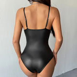 Shiny Sequins Silver Patchwork Bodysuit Women PU Leather Fishbone Rompers Hanging Neck Underwired Slimming Bodycon Bodysuit