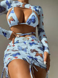 Long Sleeve Printed Halter Bikini Female Swimsuit Women Swimwear Four-pieces Bikini Set with Mesh Skirt Bathing Suit Beach Wear
