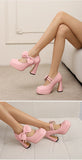 Plus Size Women's Bow Mary Janes Platform Chunky Heels Ankle Strap High Heel Pumps Sweet Lolita Party Dress Shoes