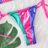 Splicing PU Leather Mini Micro Thong Bikini Women Swimsuit Female Swimwear Three-pieces Bikini Set Halter Bathing Suit Swim Lady