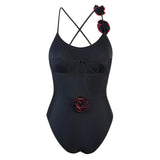 sexy 3D flower back tie swimsuit one piece bikini thong swimwear bodysuits women biquini bathing suits solid black color