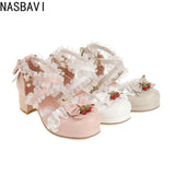 Cross Strap Women High Heels Mary Jane Pumps Wedding Party White Pink Lace Princess Lolita Single Sandals Shoes Large Size 31-48