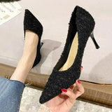 Fashion Tweed Cloth Stiletto Heel Pumps Women Elegant Pointed Toe High Heel Shoes Woman Brand Thin Heeled Party Dress Shoes