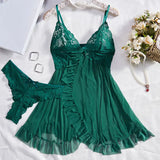 Ultra Sexy Lingerie Women Lace SeeThrough Nightdress Erotic PajamasSolid Soft Slim V Neck Sleepwear Summer Dress & Thong Kit