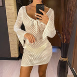 V Neck Long Sleeve Hollow Out Crochet Knitted Tunic Beach Cover Up Cover-ups Beach Dress Beach Wear Beachwear Female Women V6081