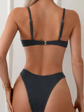 Solid Color Pit Strip Bikini Set for Women Sexy Underwire Push Up 2-piece Swimsuit High Waist Suspender Backless  Bathing Suit