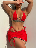 Summer Leopard Patchwork Women's 3 Pieces Suit Swimwear Sexy Halter Lace-up Micro Bikini Set+skirt Cover Up Reversible Beachwear