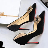 Women 10cm Super High Heels Pointed Toe Side Hollow Work Pumps Metal Crystal Buckle Velvet Stiletto Fashion Banquet Lady Shoes