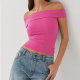 Elegant Women's Crop Top Solid Color Slash neck Top Lady Y2K Streetwear Fashionable Slim Fit Tee Summer Outfit Women's Clothes
