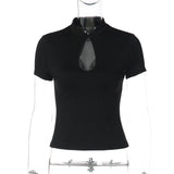 FDYOUI Fashion Stand Collar Button Hollow Out T-shirt for Women 2026 Sexy Short Sleeve Slim Cropped T Shirts Black Wine Red Tops