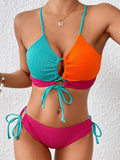 2026 Drawstring Triangle Bikini Women Sexy Color Block Swimwear Female Strappy Swimsuit Bathers Bathing Swimming Swim Suit