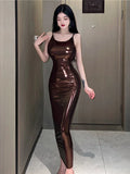 Sexy 2023 Summer Royal Sister Temperament backless Slim Long Lacquer Leather Fashion Solid color Wrap Hip Dress Women's KZCB