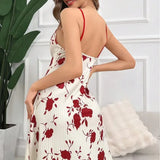 Women's Printed Knitted Ribbed Nightgown Women's Long Casual Backless Ice Silk Printed Sleeveless Suspender Sexy Nightgown
