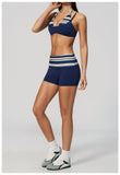 Breathable Striped Patchwork Yoga Clothing Women Fake Two-piece Sports Bra Folding High Waist Shorts Gym Running Fitness Suit