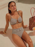 Sexy Black Striped Two Piece Bikini Set Women Metal U Neck Push Up Bra Belt High Waist Swimsuit Beach Bathing Suit Swimwear 2026