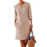 Summer Boho Vintage Dress Women Casual Long Sleeve Buttons Pockets Cotton Linen Loose Knee-length Dress
