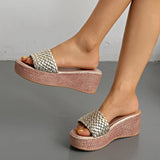 2026 Gold Woven Band Wedge Heeled Sandals Women Plus Size 43 Summer Platform Slippers Woman Light Thick Sole Rome Sandalias