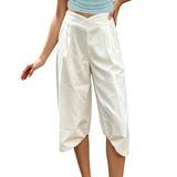 Summer Women Cargo Capri Pants Elastic Waist Cuffs Cropped Trousers with Side Pockets Fashion Casual Loose Fit Pants Streetwear