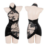 Lace See-through Embroidery Backless Halter Qipao Mini Dress Women Chinese Traditional Cheongsam Sexy Lingerie Elegant Clothes