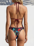 Print Halter Braided Rope Mini Thong Bikini Female Swimsuit Women Swimwear Two-pieces Bikini Set High Cut Bathing Suit Swim Lady