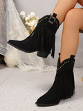 Women Ankle Boots Autumn  Suede Chelsea Boots Pointed Toe Tassel High Heel Shoe Rivet Fashion Retro Cowboy Boots Botas Mujer