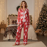 Women's 2025 Christmas Pajama Sets Fashionable Santa Printed Front Tie Ruffle Tops with Pants Two Pieces Soft Sleepwear