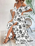 New Summer Women Print Dress 2025 Fashion Elegant  Vacation Party Short Sleeve Slim V-neck Slit Long Dresses Vestidos Para Mujer