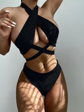 Halter Cross Bandage High Cut Bikini Female Swimsuit Women Swimwear Two-pieces Bikini Set Hollow Out Bather Bathing Suit Swim