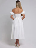 Bowknot Ruffles Light Blue Midi Dress Women's Summer Off Shoulder Short Sleeve Beach Dress Drawstring White A-line Vestidos 2025