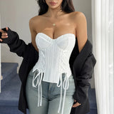 Summer Women White Strapless Waist Cinched Top Women White Drawstring Side Slim Fishbone Corset  Club Party Streetwear Camisole