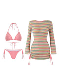S - XL Striped Long Sleeve Cover Up Bikini Female Swimsuit Women Swimwear Bather Bathing Suit Swim Three-pieces Bikini set K8128