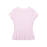 Women's Fashion Skirt Knit Top Women Pink Solid Color V Neck Short Sleeve Knit Top Hem Slim Fit Casual Elegant For Summer HFZN