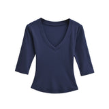 New Pure Desire Casual Style T-Shirt Hot Girl Sexy V-Neck Wool Lyocell Stretch Slim Fit Mid-Sleeve Solid Color Thin T-Shirt WLOC