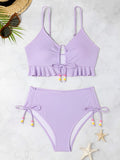 2026 High Waist Bikini Women Drawstring Swimwear Female Ruffle Swimsuit Solid Bathers Bathing Swimming Swim Suit Beachwear