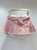 Women's Denim Skirt High Waist Pleated Patchwork Contrast Color Big Pockets Burrs A-line Mini Skirt 2026 Summer New SKIRTS 7W7E
