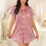 Women's Sleepwear Striped Button-Up Shirt Pajama Dress Summer Short Sleeve Dress Nightwear Sexy Silk Nightgown Night Wear