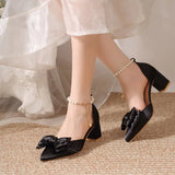 2026 New Pointed Toe Pearl French Heels Block Heel Bow Single Shoes Red Wedding Shoes