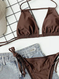 2026 Sexy Bikini Women Swimsuit Swimwear Brown Hollow Halter Double Ropes Bikinis Set Bathing Suit Beach Bikini Female Banadores