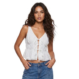 Women's Summer Solid Color Tank Tops Fashionable Lace Trim Sleeveless V Neck Tie Front Ruffled Peplum Vest
