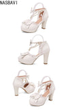 Women Girls Mary Janes 9cm High Heel Ankle Strap Pumps Sweet Chunky Buckle Princess White Sandals New Summer Large Size 33-48