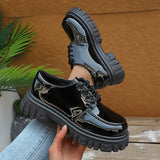 Black Patent Leather Platform Loafers Women 2025 Autumn Thick Bottom Pu Leather Shoes Woman Plus Size Lace Up Student Shoes 42
